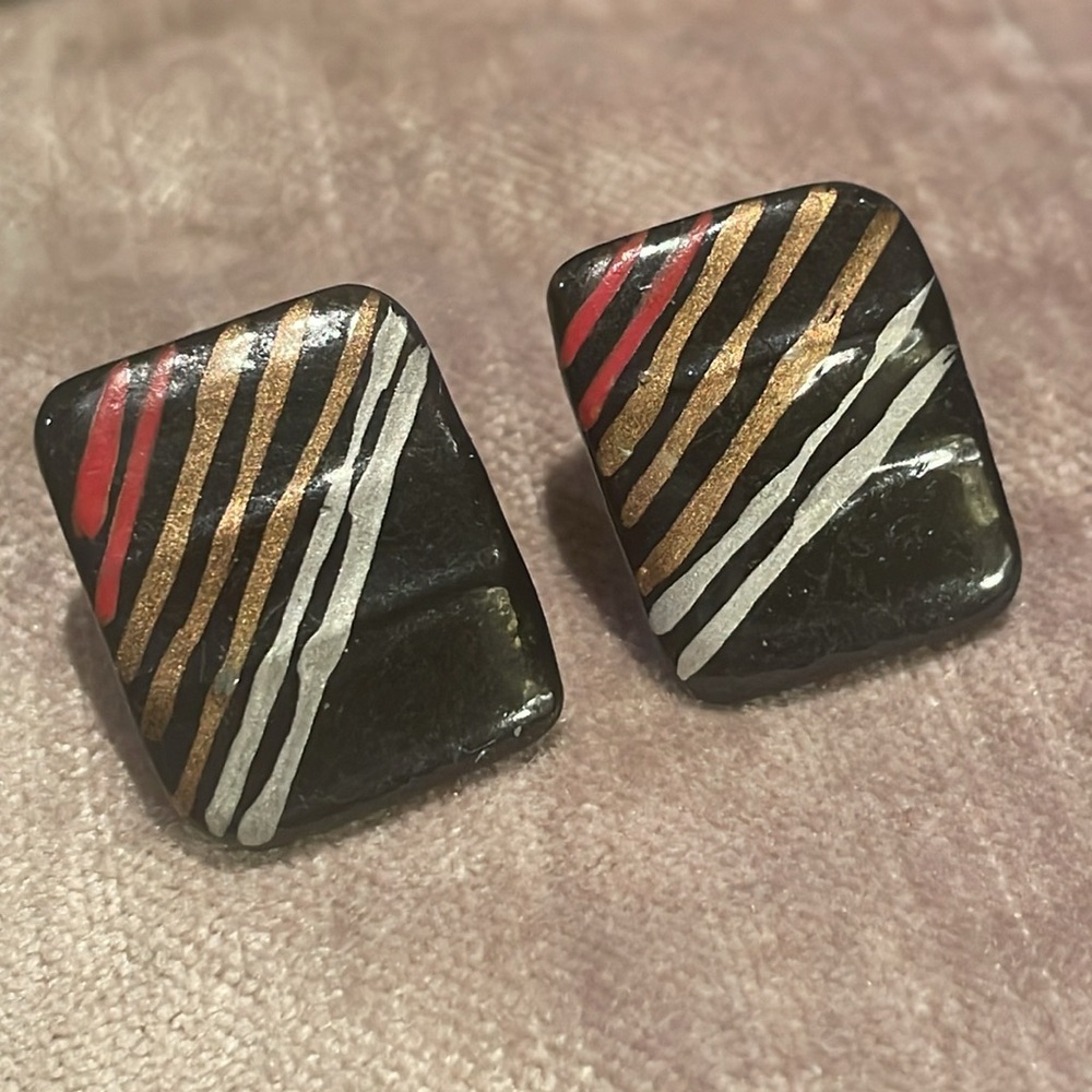 Vintage 80’s Stripe Lightweight Earrings Black Bronze Red & Silver - Picture 8 of 8